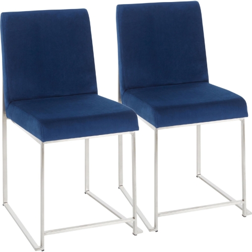 High Back Fuji Dining Chair in Blue Velvet & Brushed Stainless (Set of 2)